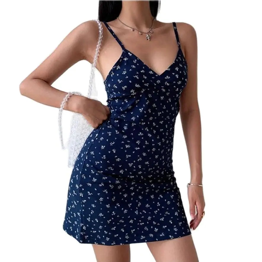 y2k cami dress Vintage Floral Cross Women Slim Sleeveless V-Neck Summer Sexy Cute Backless Patry Black Mini Korean Dresses Woman Size:16.5