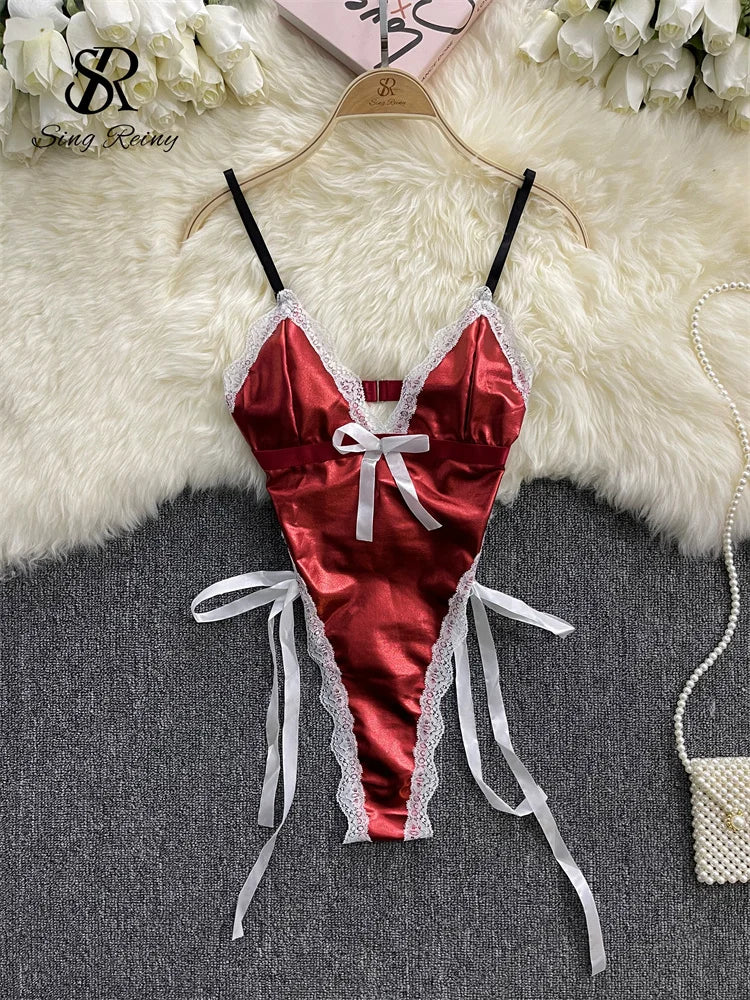 SINGREINY Christmas Leather Sexy Bodysuit Strap Bandage Design Lingeri   Global Fashions GC