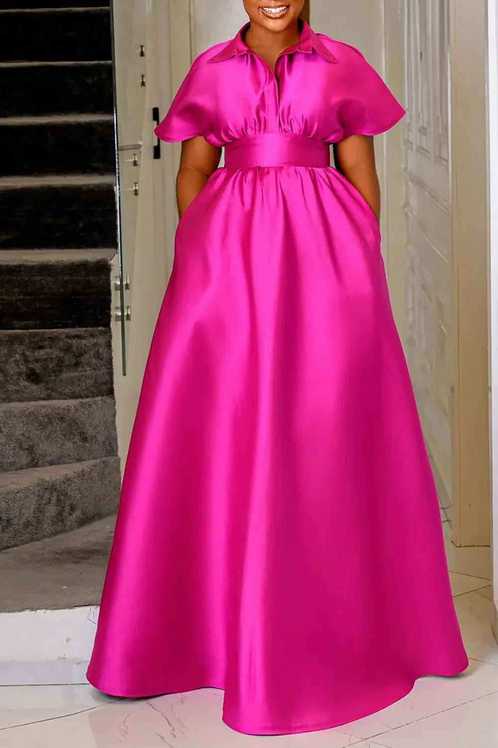 Plus Size Womens Long Dress Pink Satin Short Sleeve Lapel Maxi Dress with Pocket Cocktail Wedding Guest Evening Party Dresses