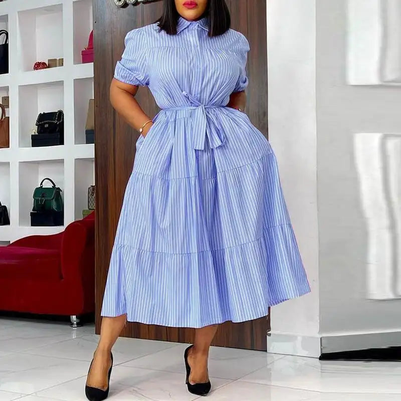 Plus Size 5XL VONDA Women Fashion Shirt Dress 2024 Summer Short Sleeve Casual Midi Sundress Elegant Loose Stripe Vestidos Belted Plus Size 5XL VONDA Women Fashion Shirt Dress 2024 Summer Short Sleeve Casual Midi Sundress Elegant Loose Stripe Vestidos Belted