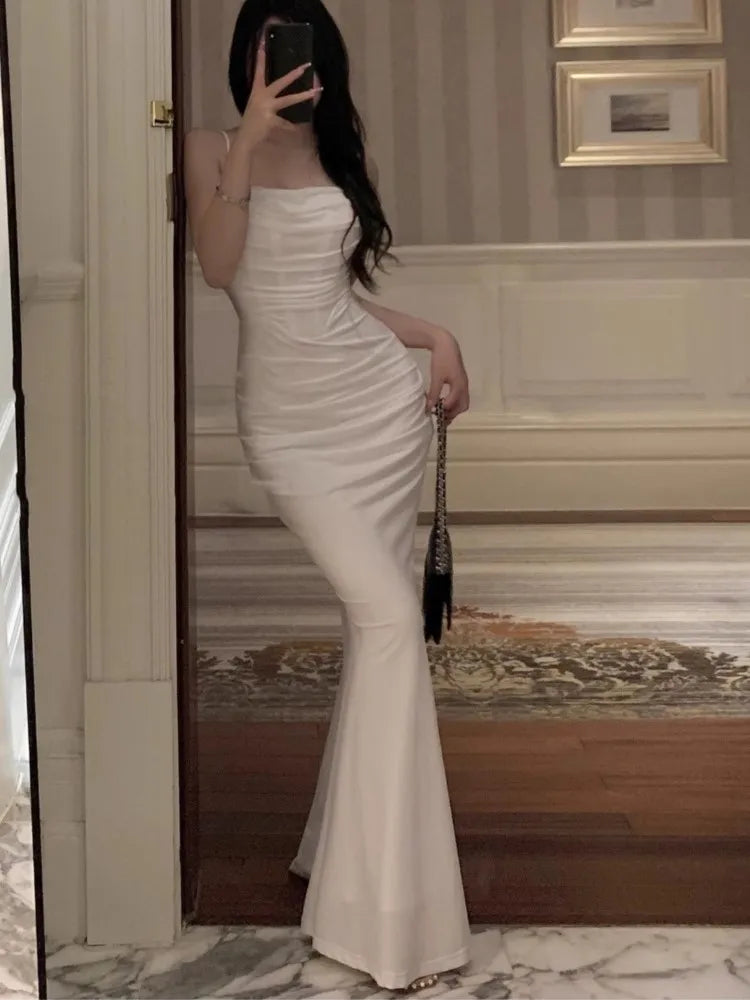 Women Elegant Sexy Bodycon Mermaid Dress Summer New Fashion Strap Evening Party Runway Robe Korean Female Solid Long Vestidos White / M