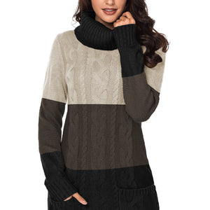 Colorblock Cowl Neck Cable Knit Sweater Mini  Dress