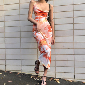 New  Women Clothing Fashion Printing Loose Backless Rear Rope Halter Long Dress