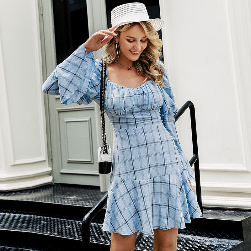 Simplee Vintage Plaid Women Dress Elegant Square Collar Long Puff Slee Global Fashions GC Simplee Vintage Plaid Women Dress Elegant Square Collar Long Puff Slee Global Fashions GC