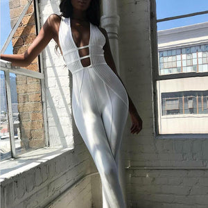 Glamaker Knitted V Neck Sexy Jumpsuit Women Bodycon Jumpsuits & Rompers Female Elegant Jumpsuit Long Playsuit Overalls Jump Suit