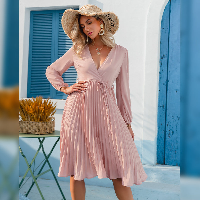 Elegant Pink High Waist pleated Dress Casual Holiday Spring Long-sleeved Women  Sexy Deep V-neck Vestidos