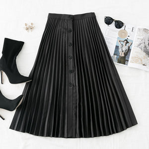 Simplee Chic High Waist Women Pleated Skirt Buttons A-line Autumn Winter Female Midi Skirts Elegant Office Ladies Black Skirts