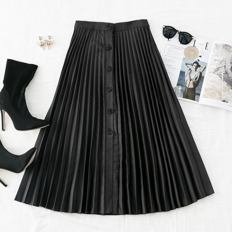 Simplee Chic High Waist Women Pleated Skirt Buttons A-line Autumn
