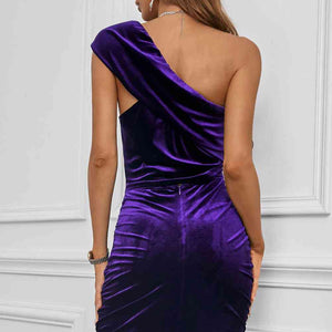 Ruched One-Shoulder Velvet Bodycon Dress