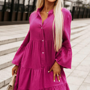 Buttoned Flare Sleeve Tiered Dress