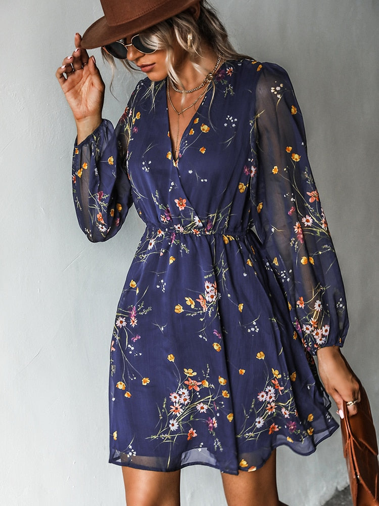 CUPSHE Chiffon V-neck Long Sleeve Mini Dress Woman Navy Floral Holiday Global Fashions GC CUPSHE Chiffon V-neck Long Sleeve Mini Dress Woman Navy Floral Holiday Global Fashions GC