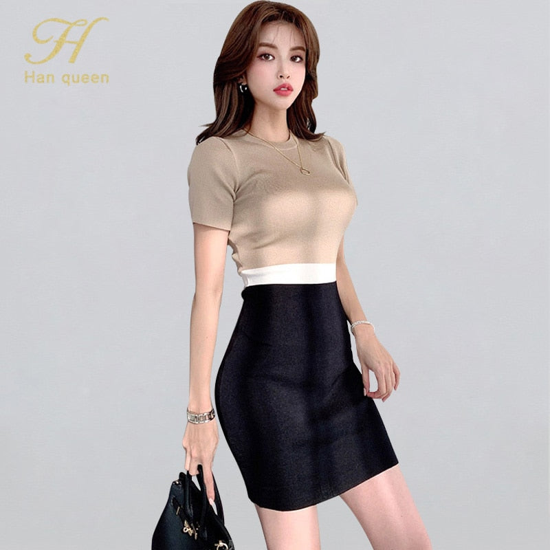 H Han Queen O-Neck Colorblock Elegant Pencil Dress Women Simple Slim Elastic Knitted Sheath Bodycon Dresses Office Wear Vestidos Sky Blue / One Size /
