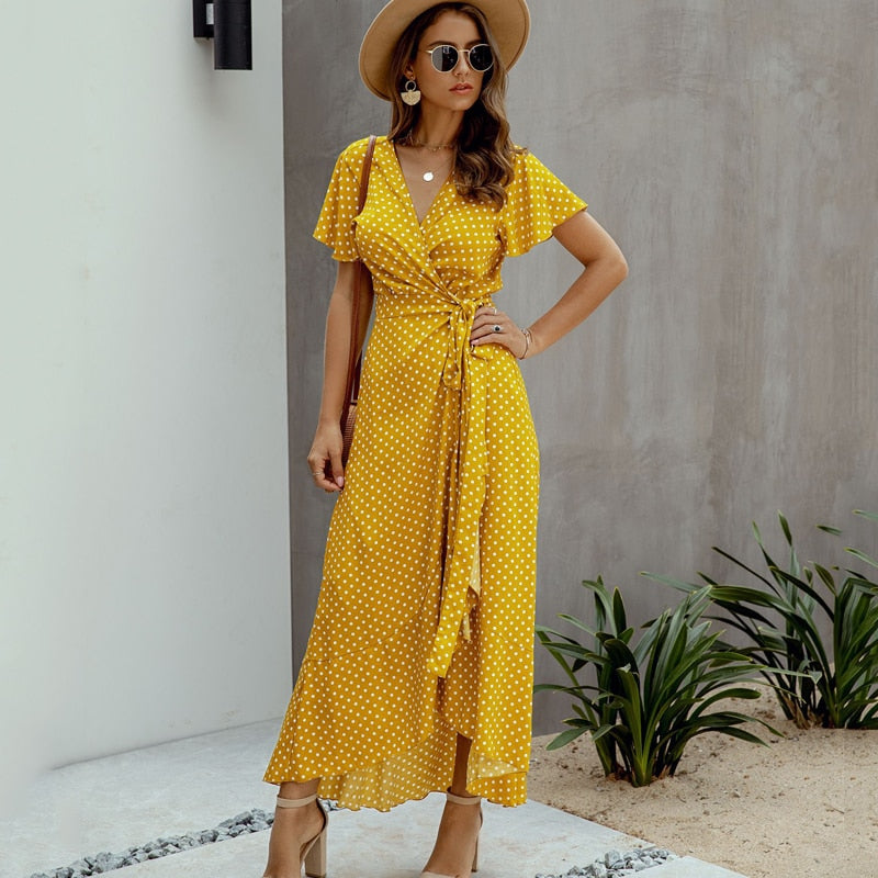 Summer Maxi Dress Women Polka Dot Sexy V Neck Ruffles Short Sleeve Holiday Long Beach Sundress Ladies Lace Up Wrap Party Dresses Green / L Summer Maxi Dress Women Polka Dot Sexy V Neck Ruffles Short Sleeve Holiday Long Beach Sundress Ladies Lace Up Wrap Party Dresses Green / L