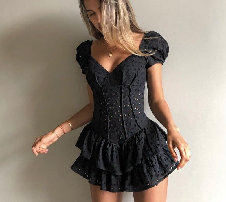 V Neck Ruffles Pleated Dress Women Puff Sleeve Chic Black Summer Dress Party Hollow Out Vintage Corset Ladies
