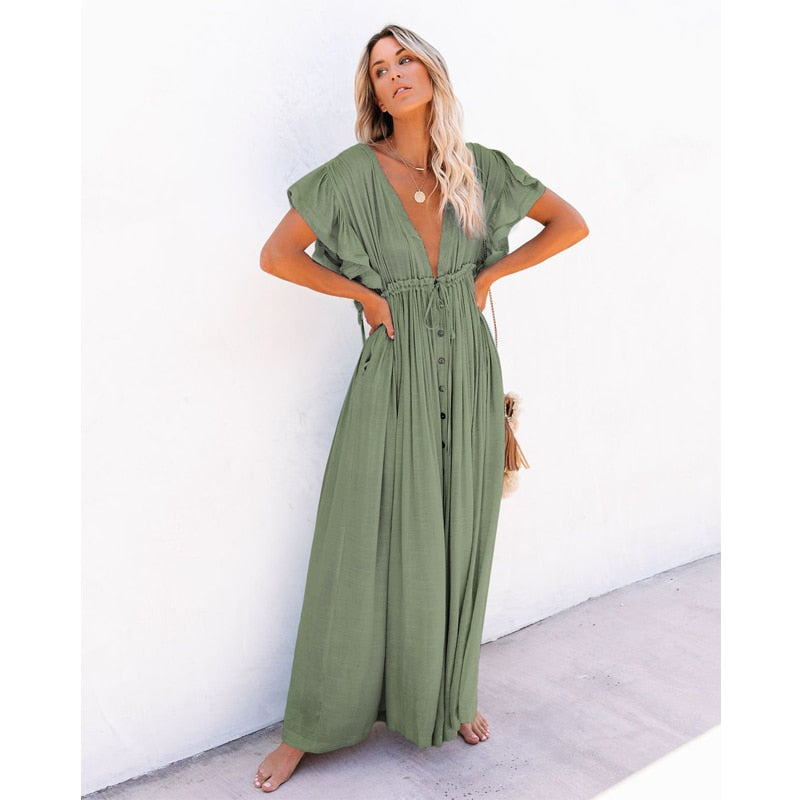 Summer Beach Maxi Dress Women Pleated Drawstring High Waist Long Dress Global Fashions GC Summer Beach Maxi Dress Women Pleated Drawstring High Waist Long Dress Global Fashions GC