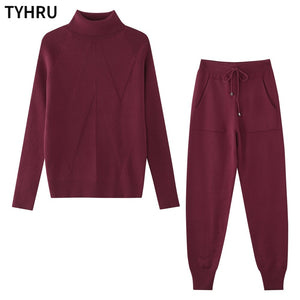Autumn Winter Women&#39;s tracksuit Solid Color Striped  Sweater and Elastic Trousers Suits Knitted Two Piece Set