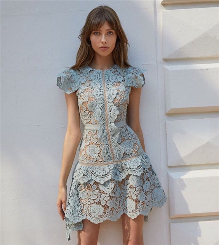 Blue Green Lace High Waist Casual Fashionable Irregular Mini Dress Global Fashions GC Blue Green Lace High Waist Casual Fashionable Irregular Mini Dress Global Fashions GC