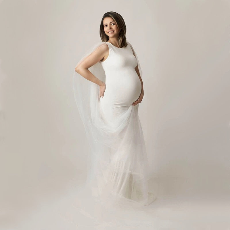 Sleeveless Jersey Baby Shower Long Dress With Tulle Cape Pregnant Woman Dress For Photo Shoot Maternity Photography Mermaid Gown