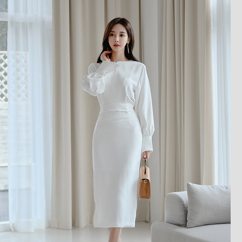 casual long sleeve midi dress Casual Long Sleeve Office Lady Fashion Dress – Global Fashions GC
