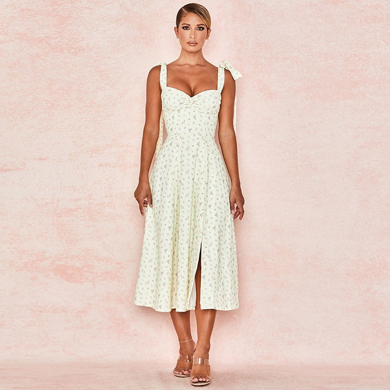 A-Line Printed Dress Sexy Women Spaghetti Strap Bandage Bodycon Dress Midi Dresses in Party Evening 2021 Summer Yellow / M