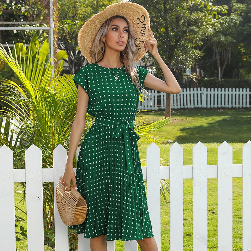 summer midi dresses 2021 Summer Women Polka Dot Short Sleeve Dress Casual Bandage Party Pleated –  Global Fashions GC