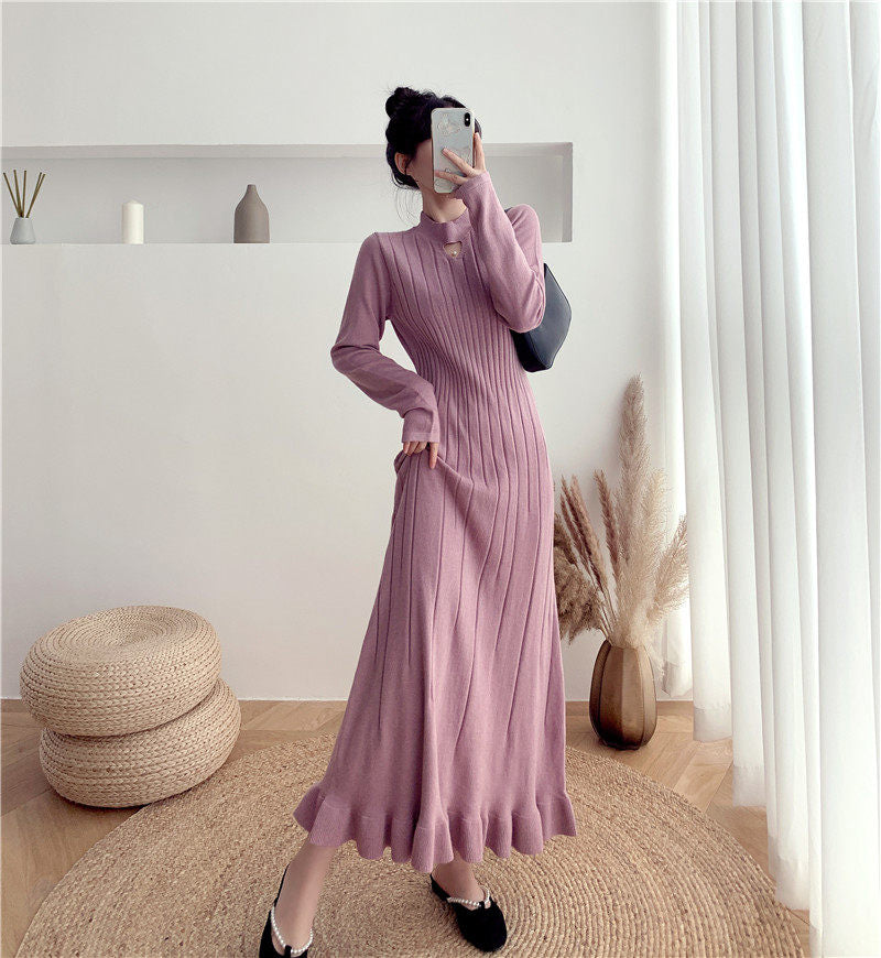 Long Knitted Sweater A-Line Fashion Ruffle Jumper Dresses Purple / S Long Knitted Sweater A-Line Fashion Ruffle Jumper Dresses Purple / S