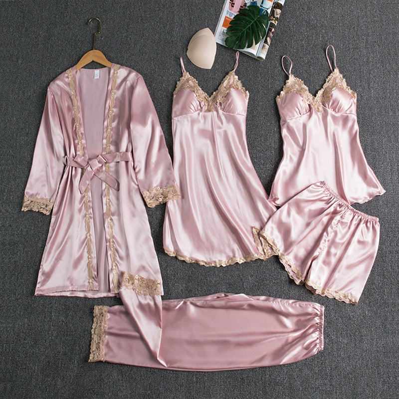 5 PCS Sexy Lace Women Nightwear Robe Dresses Summer Pajamas Sets Homewear Stain Silky Sleep Suit Bath Robes Night Gowns Red / M / CN 5 PCS Sexy Lace Women Nightwear Robe Dresses Summer Pajamas Sets Homewear Stain Silky Sleep Suit Bath Robes Night Gowns Red / M / CN