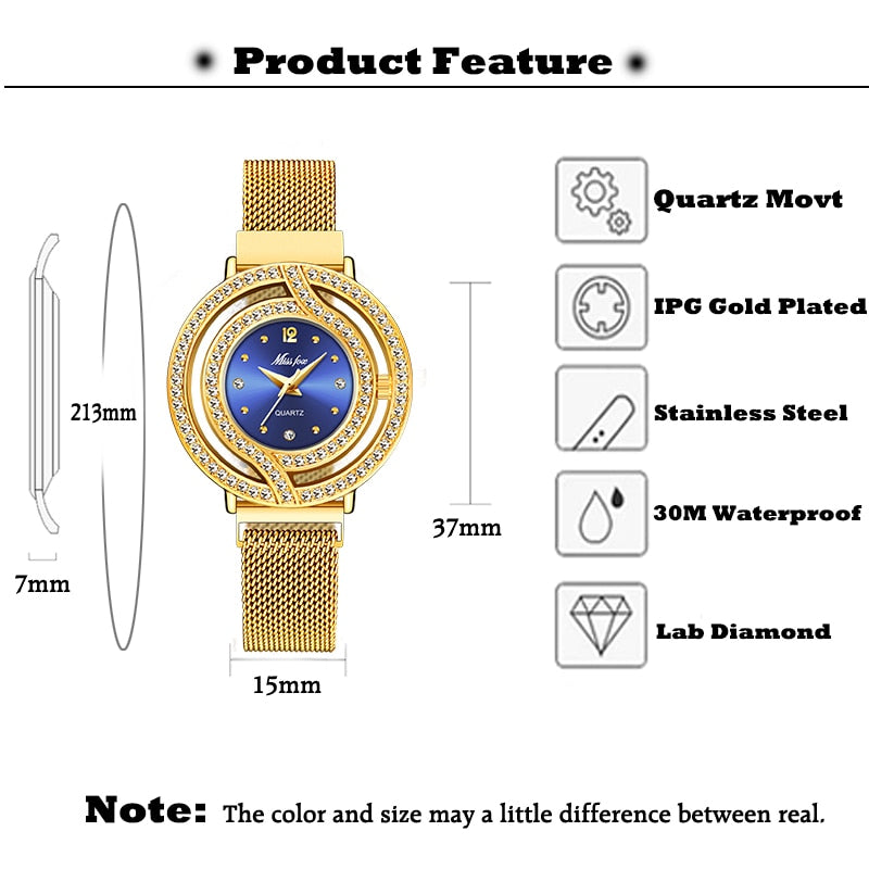 Magnetic Hollow Blue Quartz Gold Wrist Watch