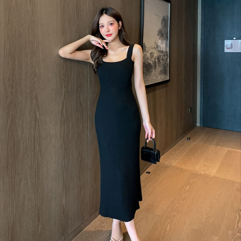 White Knitting Dress Summer 2021 Office Lady Elegant Spaghetti Strap Backless Long Dresses For Women Black Pink In Stock Black / M