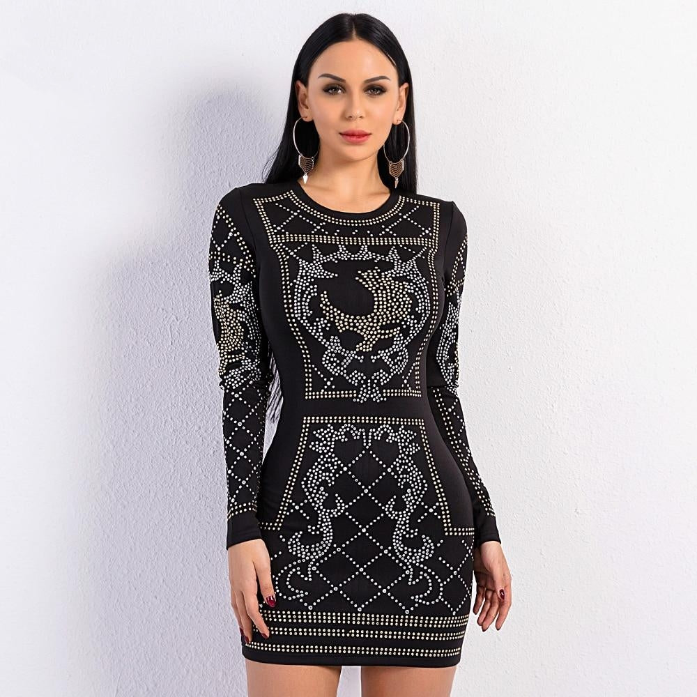 slim fit dress slacks O-Neck Long-Sleeved Geometric Silver And Gold Studded Velvet Dress – Global  Fashions GC