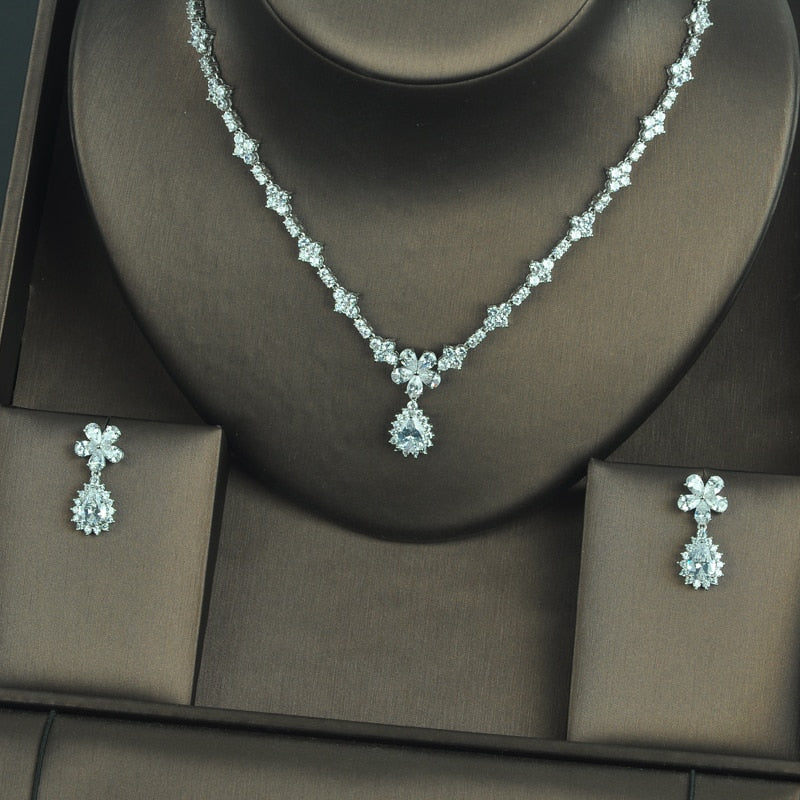 Clear Cubic Zirconia Flower Design Full Jewelry Sets For Women