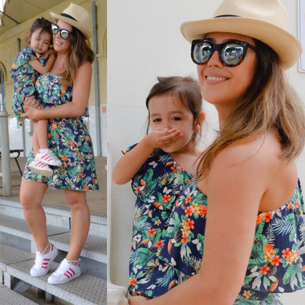 Summer Mom and Daughter Dress Leaf Print One Shouder Dress Mother Daughter Dresses Mommy and Daughter Matching Clothes