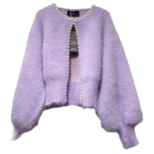 Mink Cashmere with Pearl Roundneck Knitted Cardigan Sweater for Woman Autumn Winter Designer Luxury Female Clothing Elegent