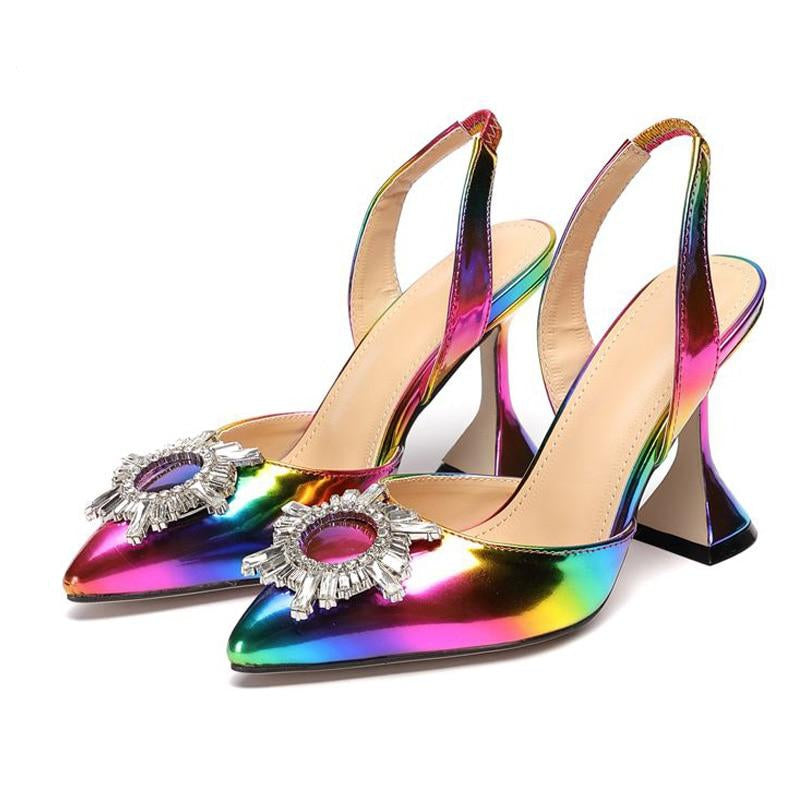 Rainbow Color Pointed Toe Sun Style Rhinestone High Heels