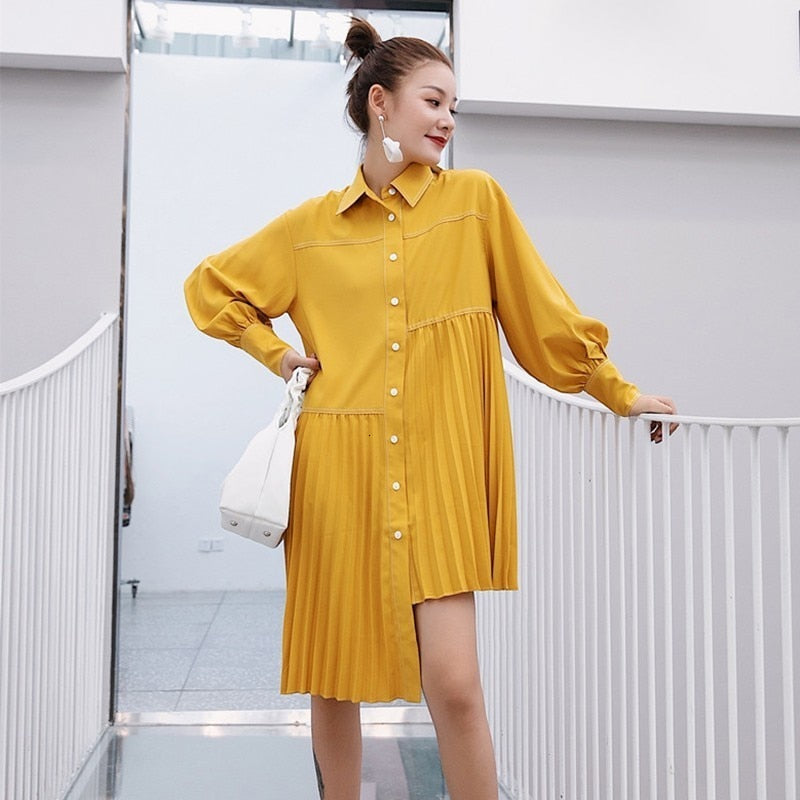 Lapel Collar Lantern Long Sleeve Asymmetrical Hem Female Dresses Global Fashions GC Lapel Collar Lantern Long Sleeve Asymmetrical Hem Female Dresses Global Fashions GC