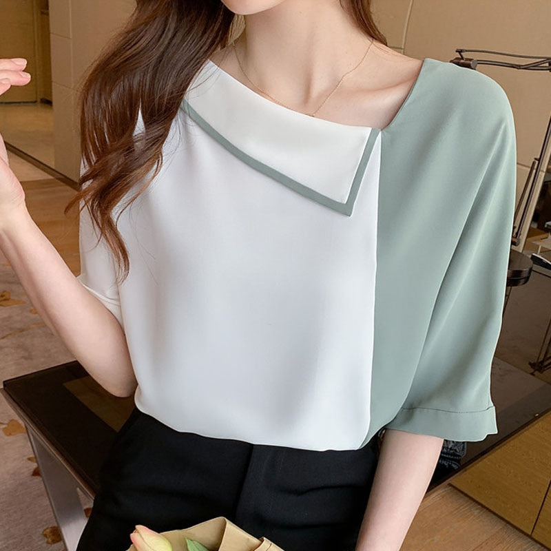 Blusas Mujer De Moda 2021 New Loose Chiffon Shirt Women's Blouses and Tops Skew Collar Short Sleeve Solid Elegantes Female 1069