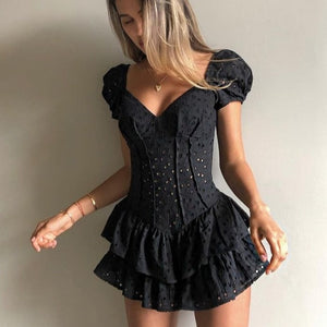 V Neck Ruffles Pleated Dress Women Puff Sleeve Chic Black Summer Dress Party Hollow Out Vintage Corset Ladies