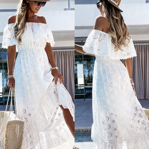 Bohemian Lace Dress White Beach Dress New Tube Top off-Shoulder Sexy Dress for Women Eyelet Embroidery