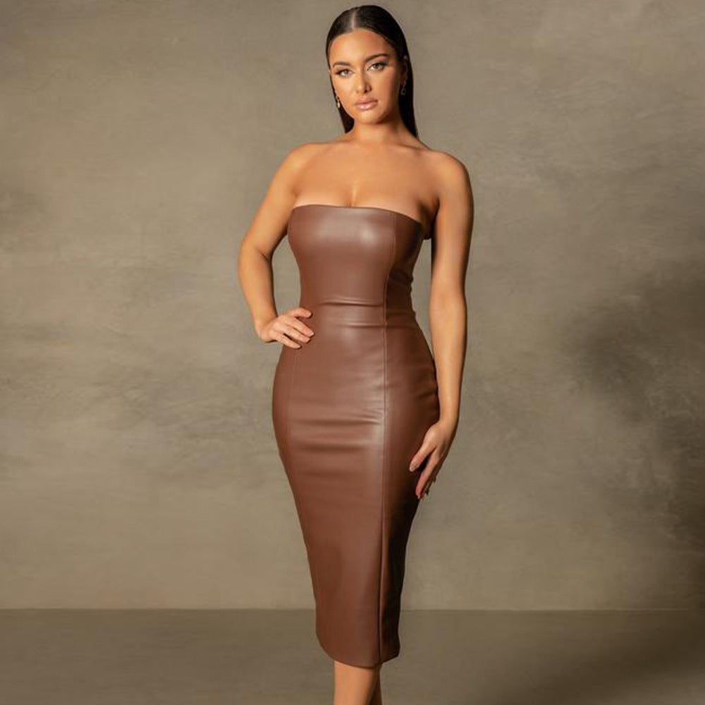 Autumn and Winter Solid Color PU Leather Elegant Slim-Fit Tube Top Bac Global Fashions GC Autumn and Winter Solid Color PU Leather Elegant Slim-Fit Tube Top Bac Global Fashions GC
