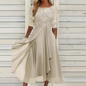 New Elegant Green Party Dress Women O Neck Lace Half Sleeve Prom Dresses For Women Solid A-Line Dress Boho Sexy Long Dress