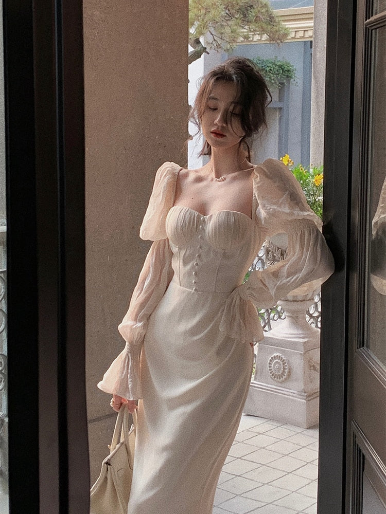 Vintage Women Fashion Elegant Puff Sleeve Midi Corset Maxi Dresses Evening Prom Female Party Lady Clothes Vestdios Summer 2022