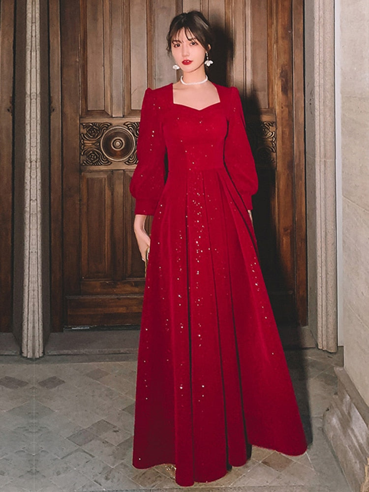 Women Evening Dresses Long Sleeve Elegant Square Collar Red Sequins Simple Prom Party Dress Long A-line Formal Vestidos