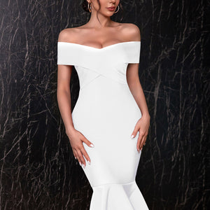 New Summer White Off Shoulder Women Bodycon Bandage Dress Sexy Short Sleeve Celebrity Evening Runway Club Party Dress