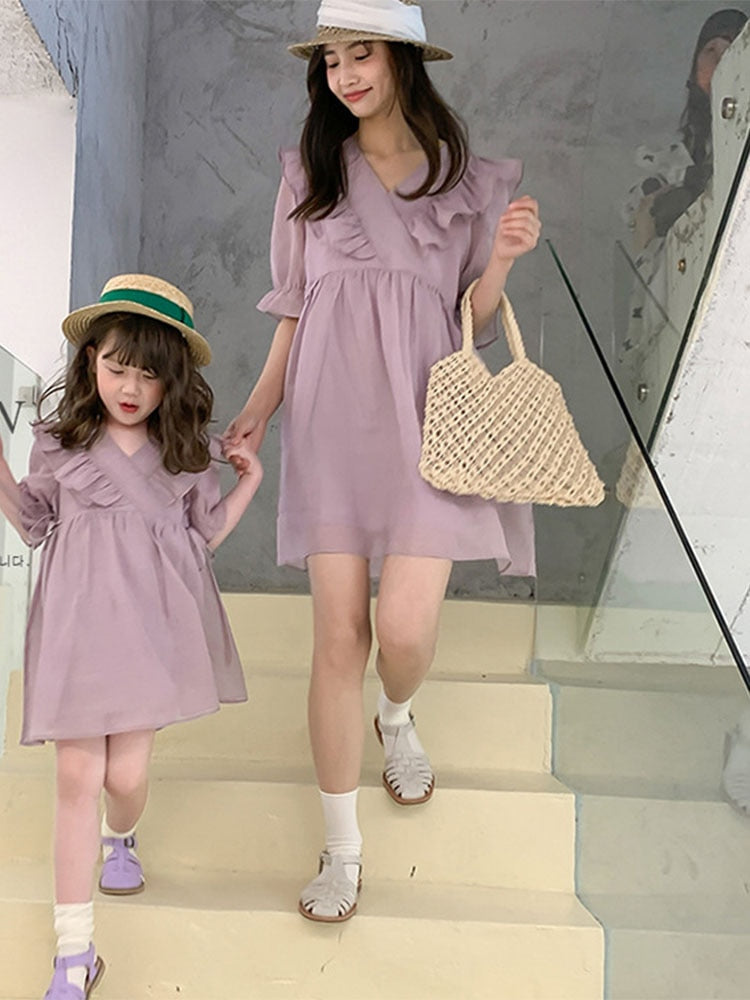 Parent-child Dress, Mother and Daughter Dress, Summer Dress, Girl&#39;s Dress, New Korean Style, Lace Collar, Cotton Princess Dress
