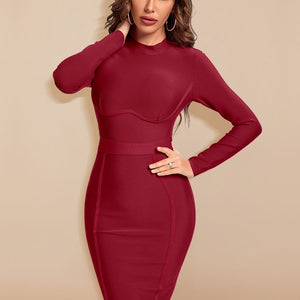 BEAUKEY Long Sleeve Knee Length Top Quality HL Bandage Dress Office Lady Bodycon Dress Color Black Wine Red Purple Club XL