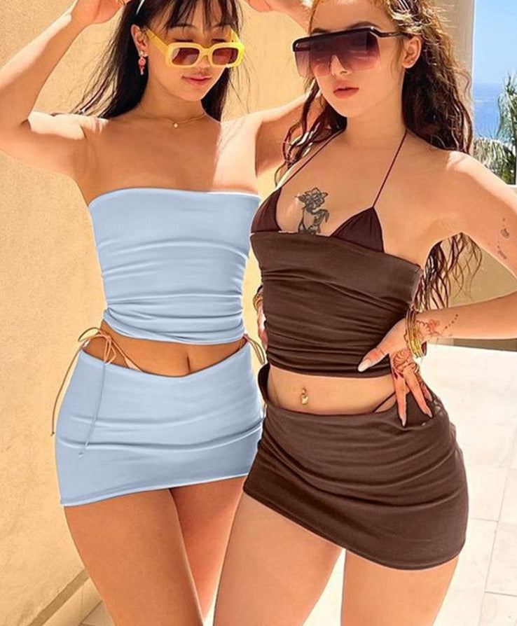 Y2K Skirt Set Women Casual Backless Strapless Crop Tops Mini Skirt Two Piec Set Beach Outfits Co-Ord Sets
