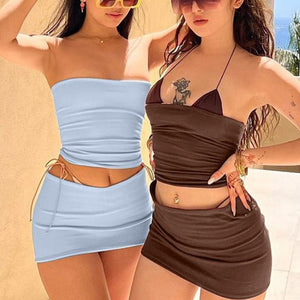 Y2K Skirt Set Women Casual Backless Strapless Crop Tops Mini Skirt Two Piec Set Beach Outfits Co-Ord Sets