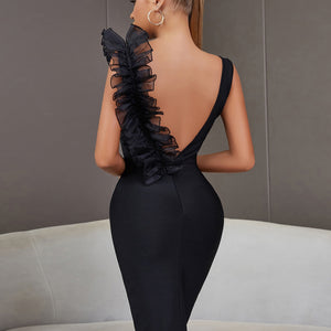 New Summer Black Bodycon Bandage Dress Women Sexy V-Neck Ruffles Mesh Backless Vestidos Celebrity Evening Party Dress