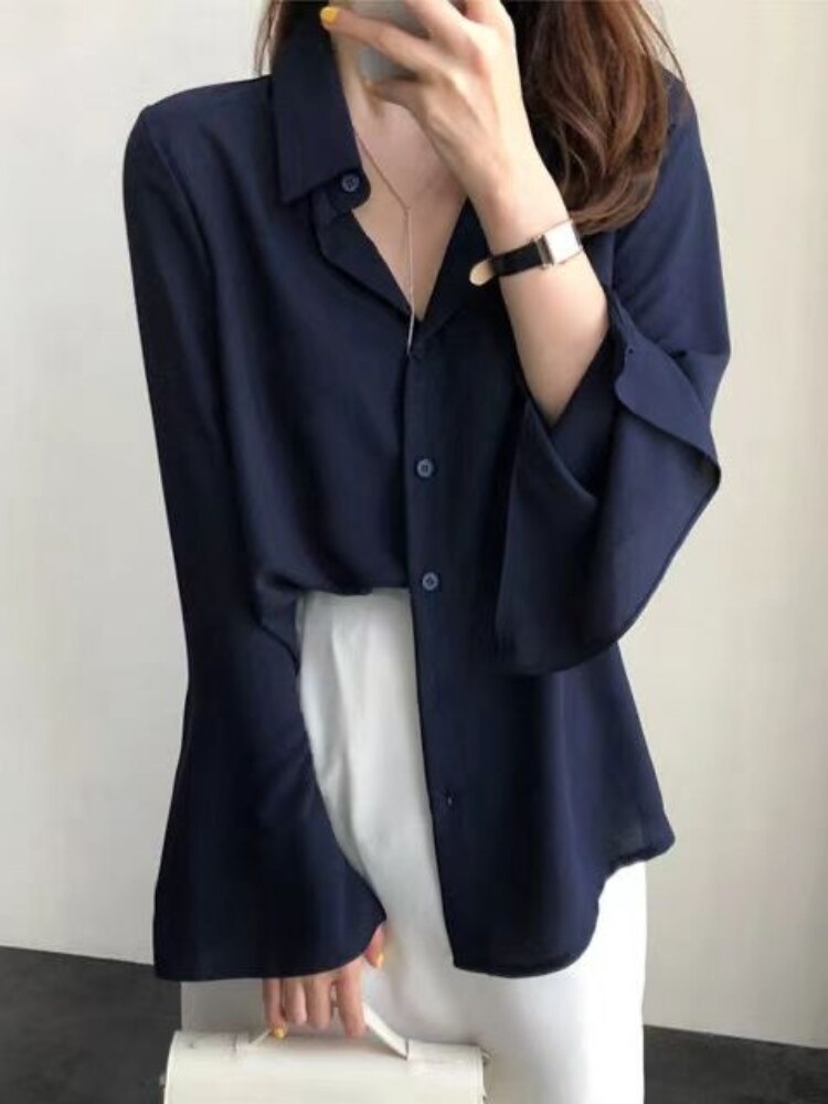 Women Fashion Long Flare Sleeve Blouse Elegant Solid Loose Shirts Female Autumn Casual Tops Office Lady Sexy V-Neck Streetwear