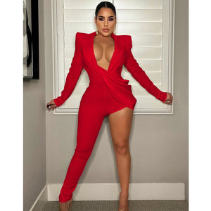 CM.YAYA Elegant Women Sexy Party One Leg Blazer Style Long Sleeve Jumpsuit 2022 Chic Party Even One Piece Overall Playsuit